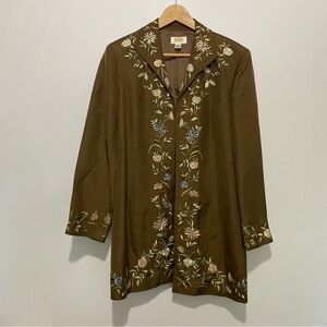 Talbots Petites 16 Brown Silk Blend‎ Floral Embroidered Long Jacket Blazer